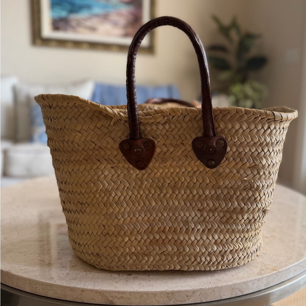 French Market Basket Woven Straw Tote with Brown Leather Handles - Picture 7 of 7